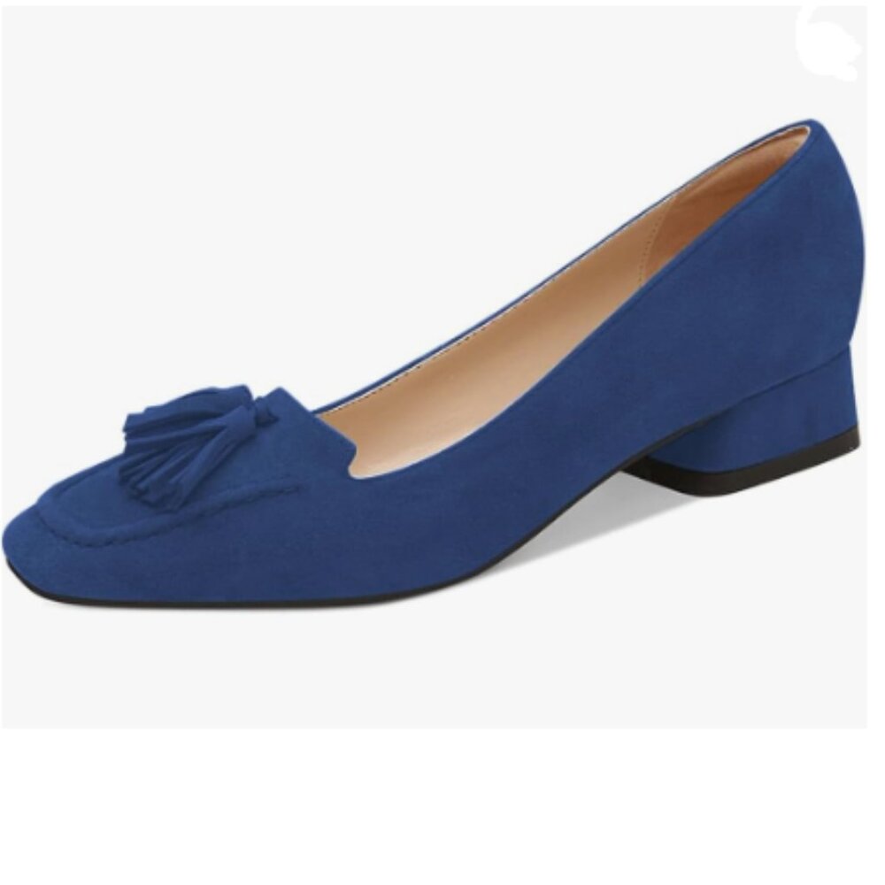 YDN Navy Block Low Heel Loafer Square Toe Tassel Fringe Pump Slip On Dress Shoes